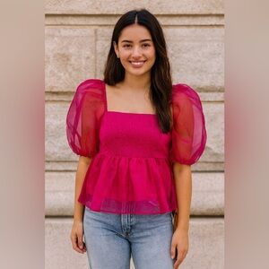 The Pants Store Hot Pink Sheer Puff Sleeve Peplum Top – Size M